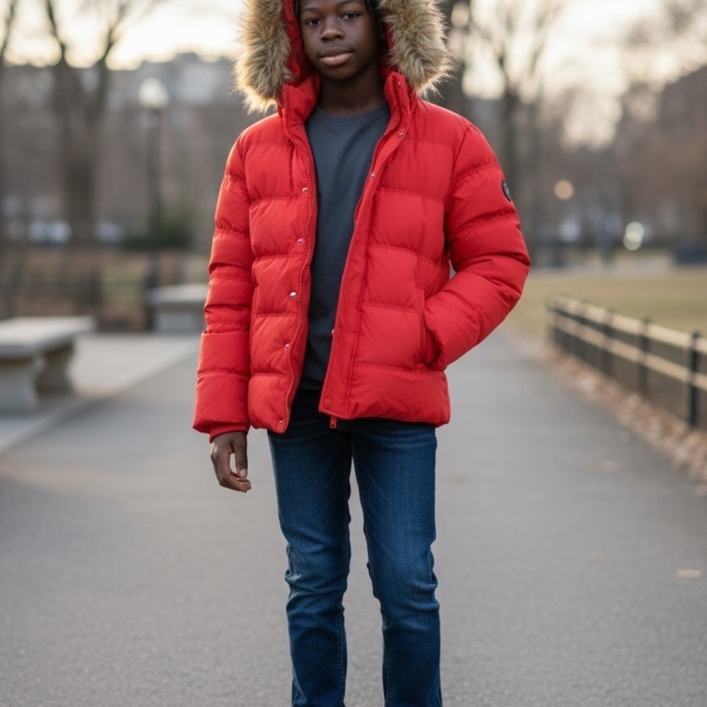 Boys Red Puffer Jacket with Fur Trim
